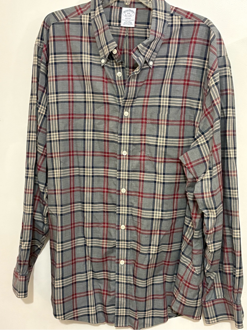 Brooks Brothers Grey Plaid Button-Down Shirt with Red and Cream Accents 2x